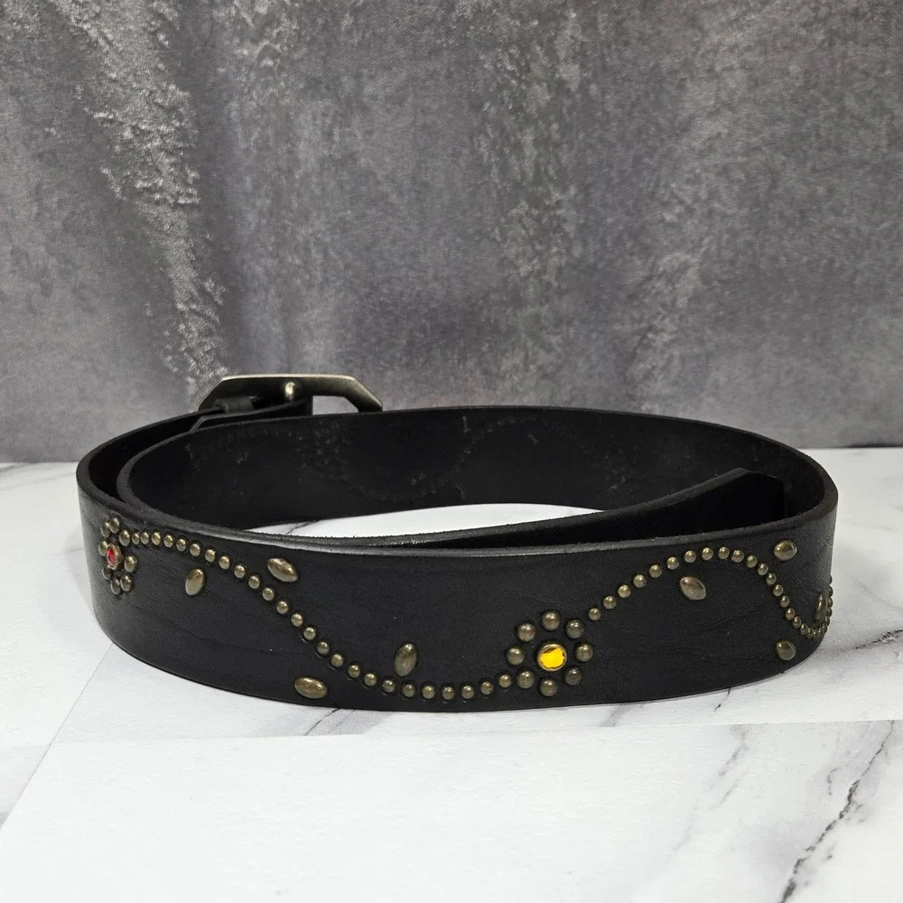 True Religion Womens 34 Black Leather Jewel Studded Belt Western Y2K Floral NWT